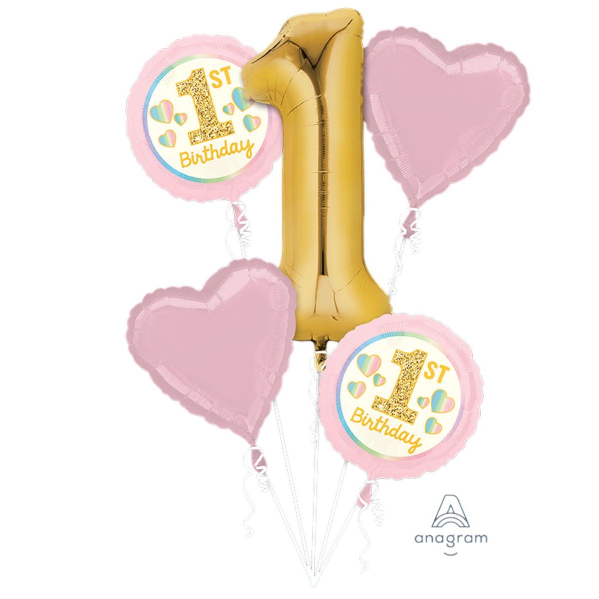 5 Piece 1st Birthday Pink and Gold Foil Balloon Bouquet Kit