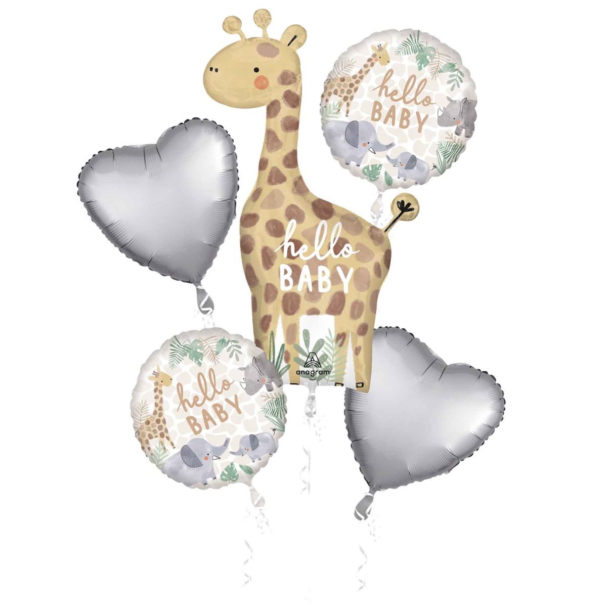 5 Piece Hello Baby Soft Jungle Foil Balloon Bouquet - Multicoloured