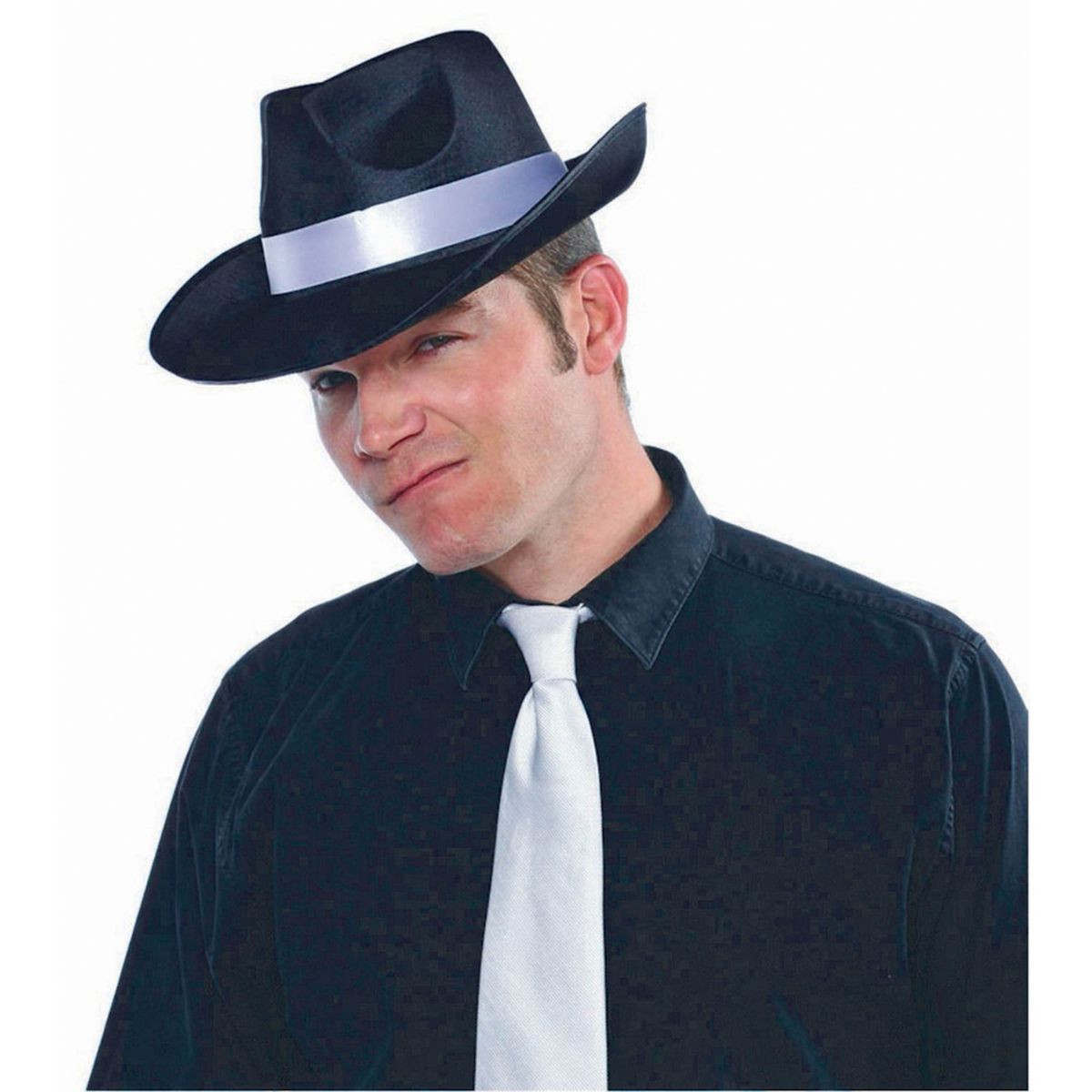 Gangster Fedora Hat with White Trim - Black
