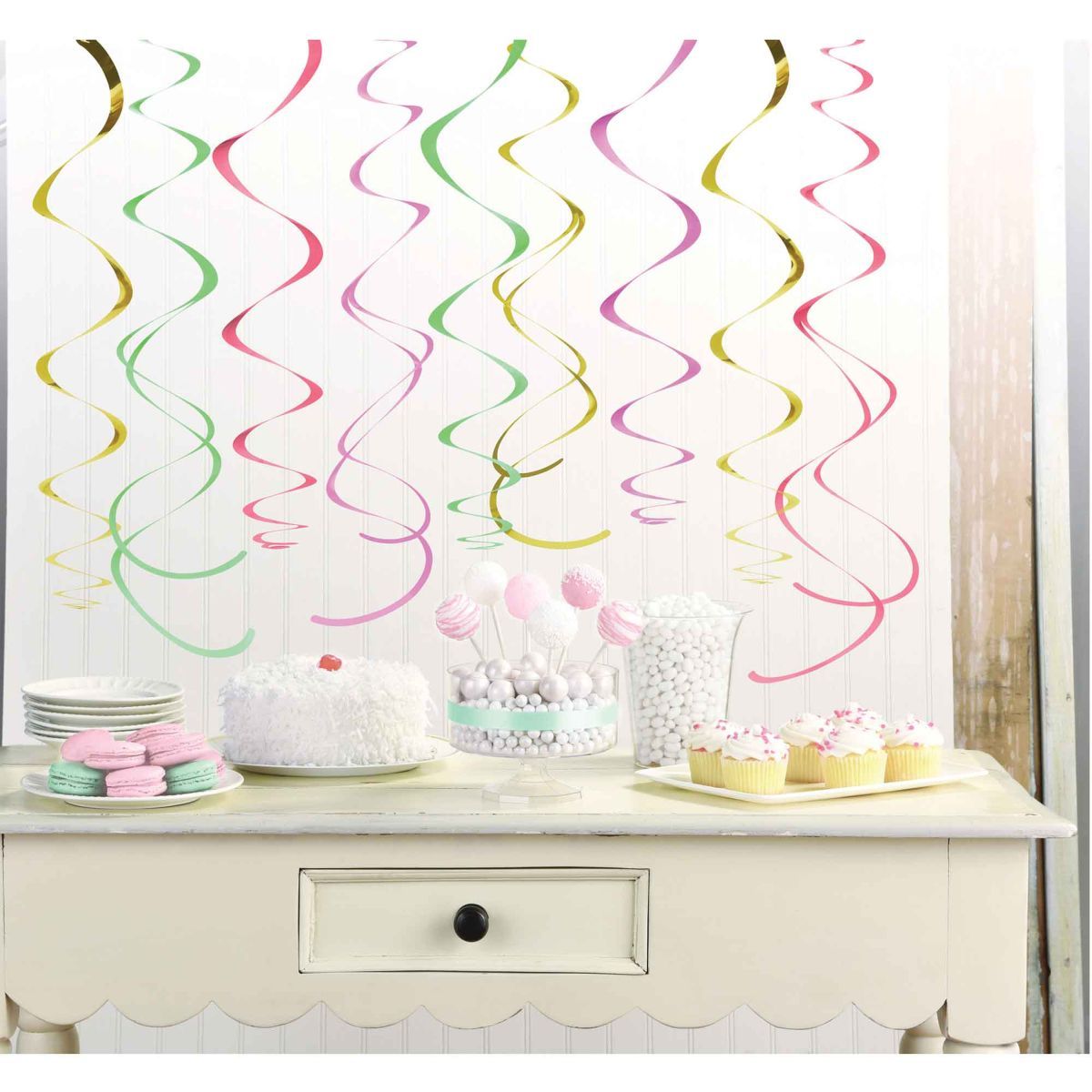 12 Pack Hanging Swirl Decorations 55.8cm - Pastel and Gold