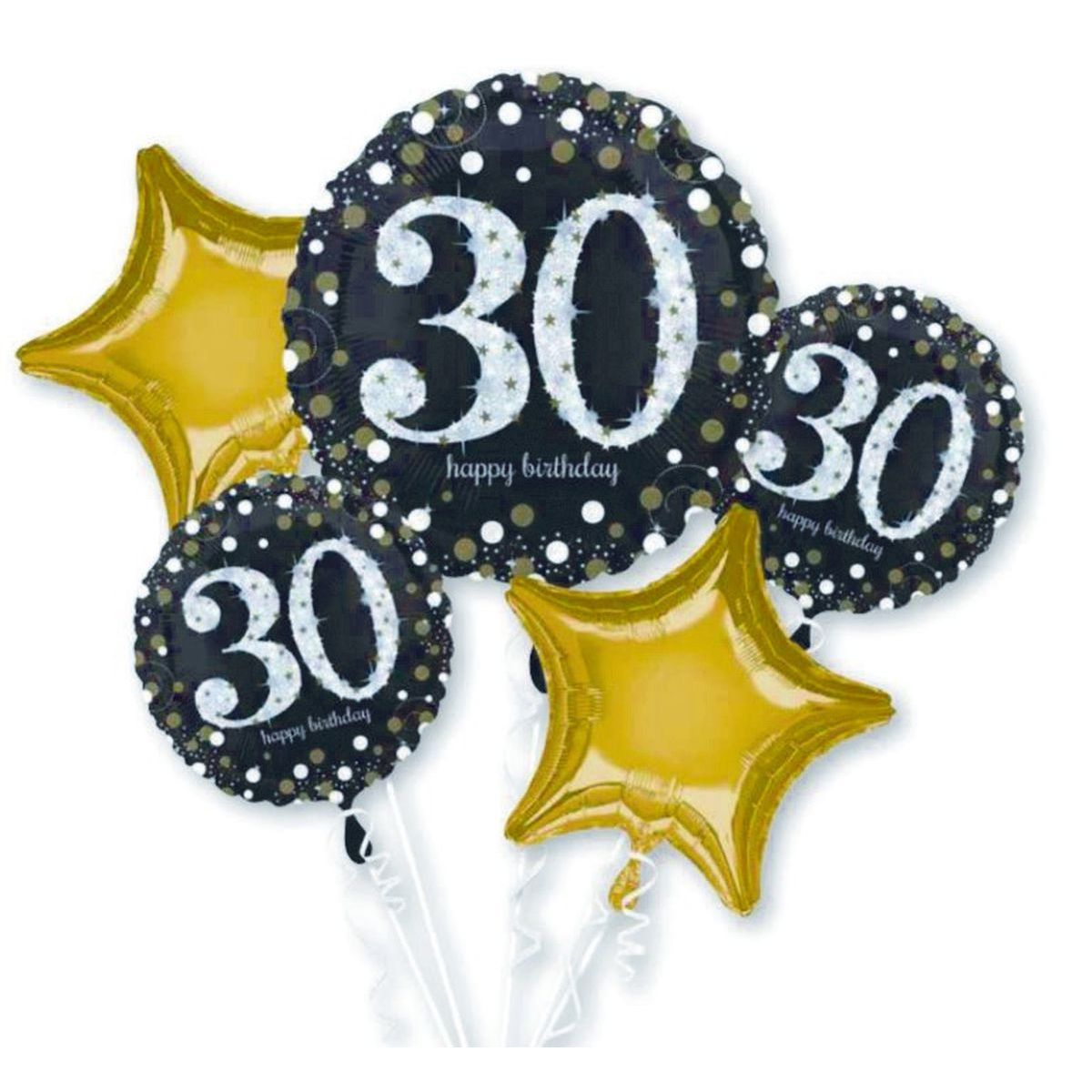 5 Piece 30th Birthday Foil Balloon Bouquet - Gold and Black