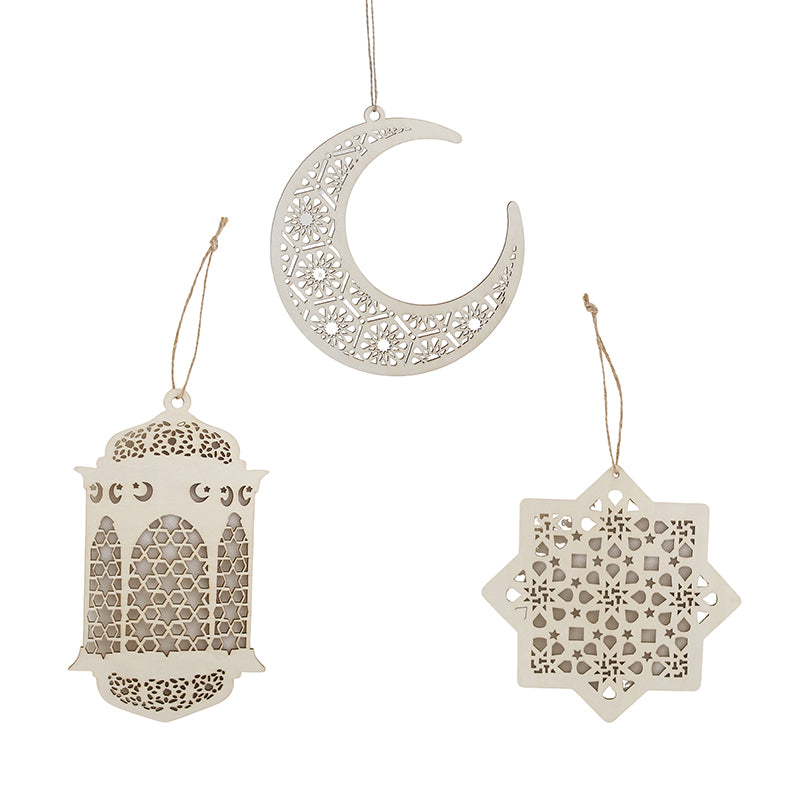3 Pack MDF Ramadan Ornament - Star, Moon and Lantern - Red Dot