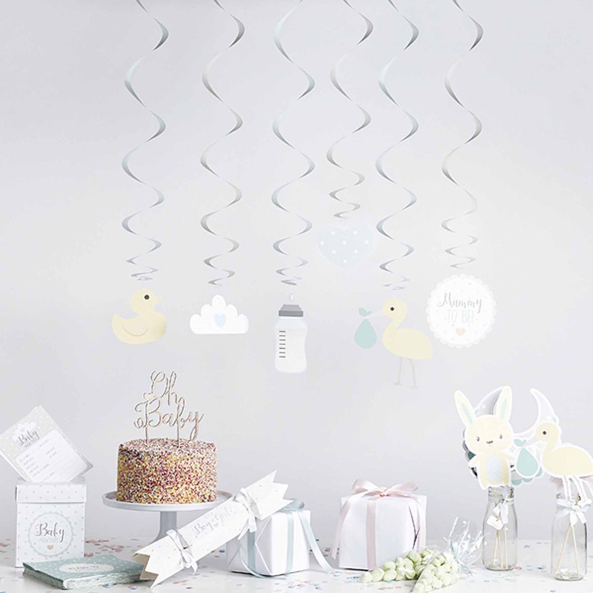 6 Pack Baby Shower Unisex Hanging Swirl Decorations - Multicoloured