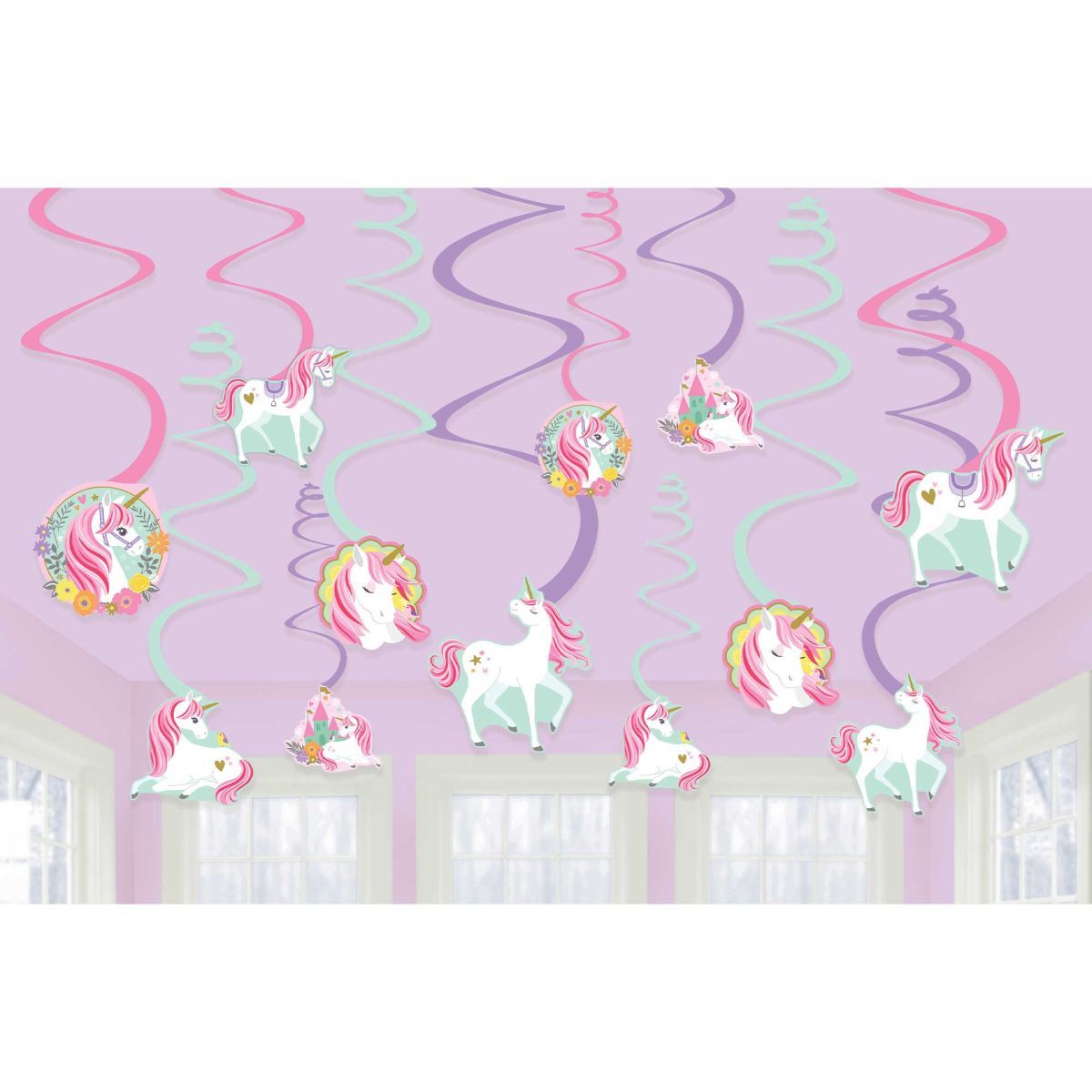 12 Pack Magical Unicorn Swirl Hanging Decorations - Multicoloured