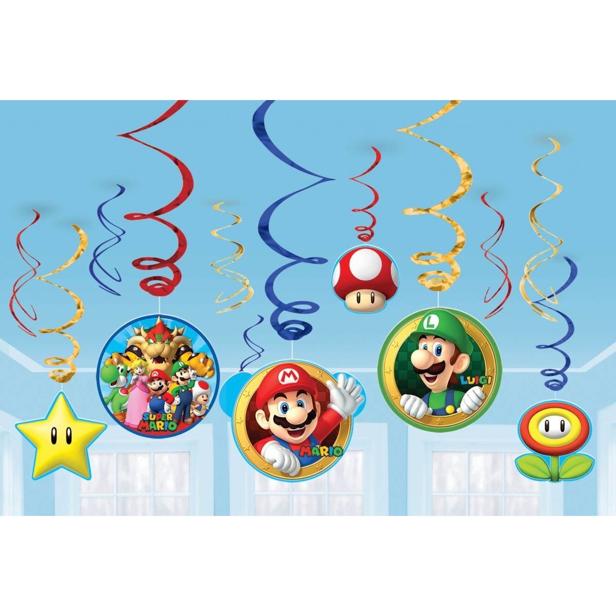 12 Pack Super Mario Bros Hanging Swirl Decorations - Multicoloured