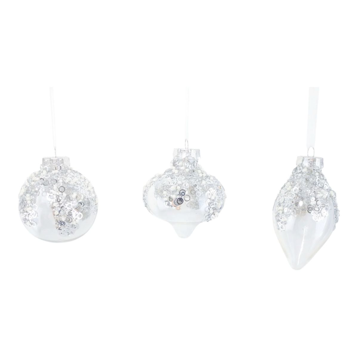 3 Pack Christmas Baubles with Bead Detail 8cm - Clear/Silver
