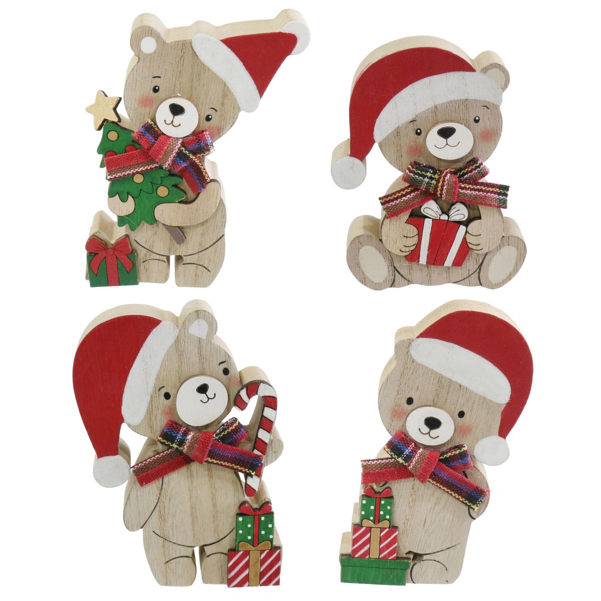Christmas Teddy Bear Table Decoration with Tartan Ribbon Bow - Assorted