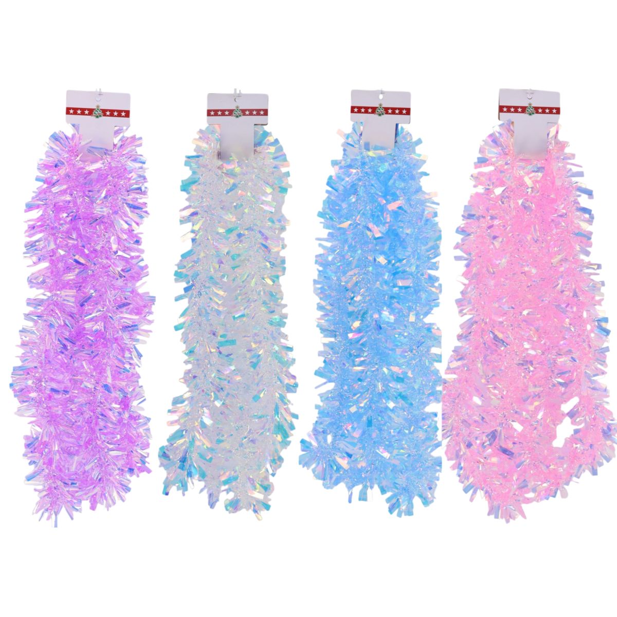 4 Pack Christmas Tinsel Garland Iridescent 2.74m - Assorted White, Purple, Blue & Pink