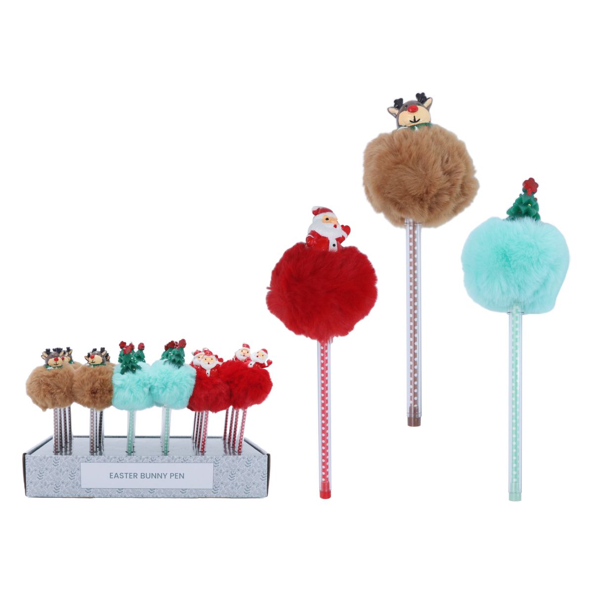 3 Pack Christmas Novelty Pom Pom Pens - Assorted