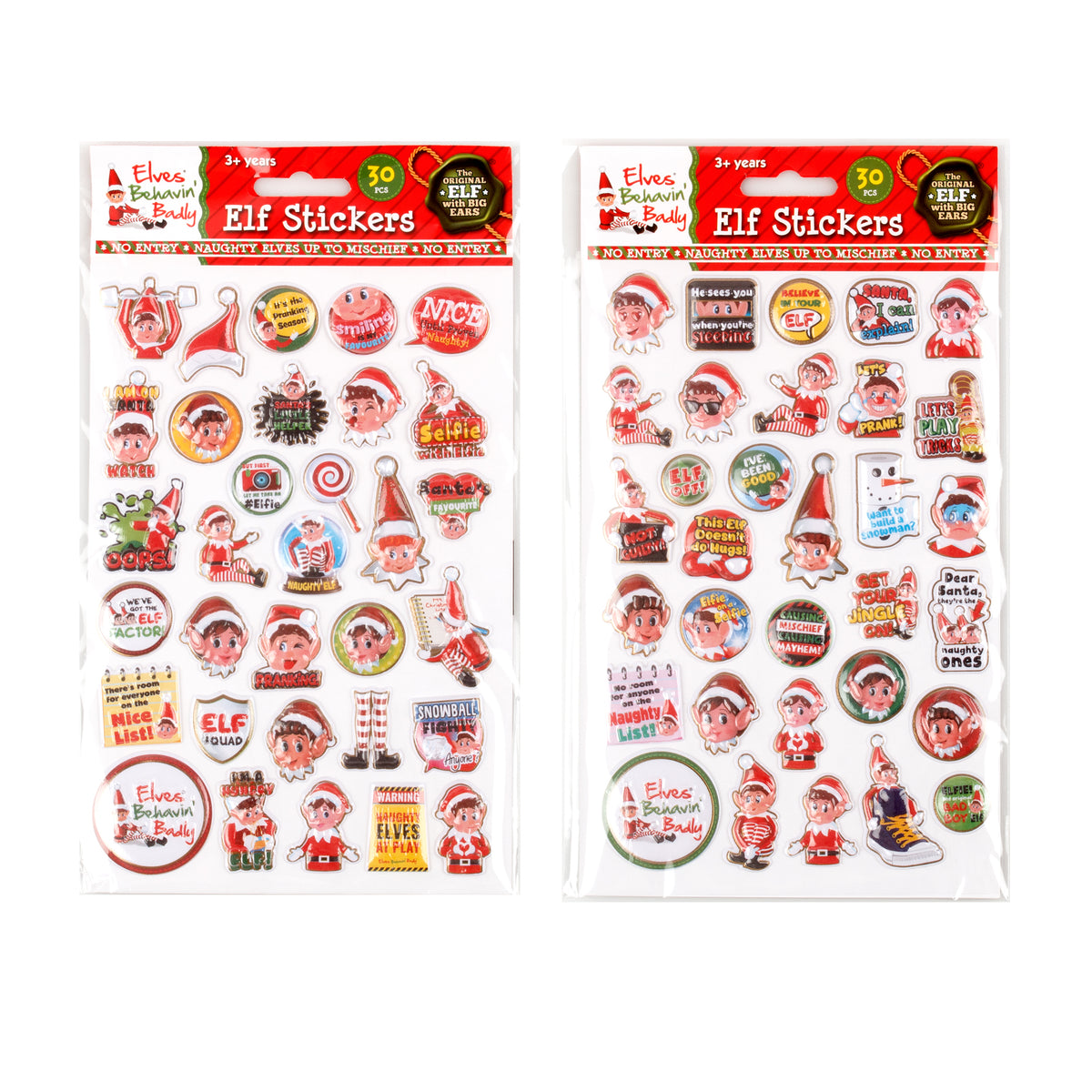 30 Pack Christmas Elf 3D Puffy Stickers - 2 Assorted Designs