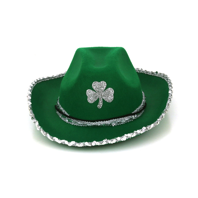 Green Cowboy Hat with Silver Trim and Clover Leaf - PARTY PLANET