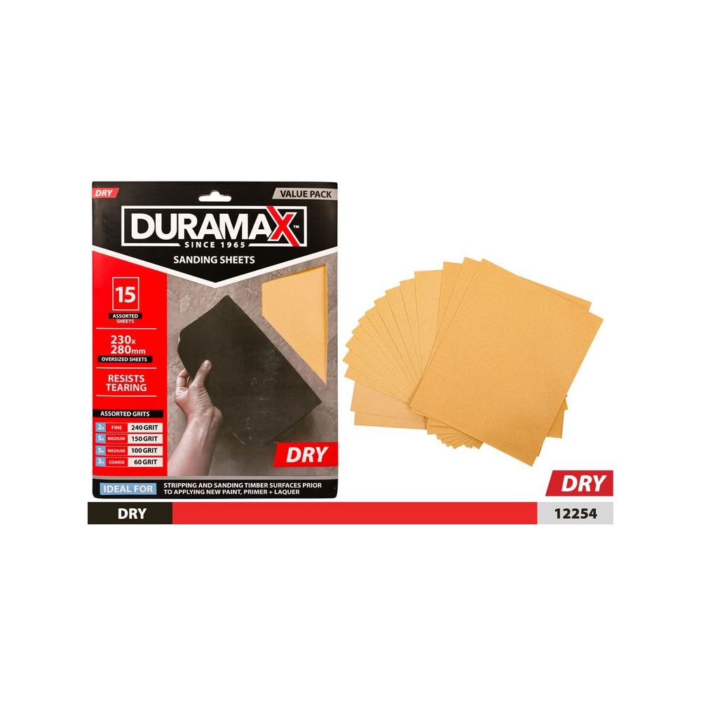 15 Pack Dry Sandpaper 28cm x 23cm - Assorted Grit