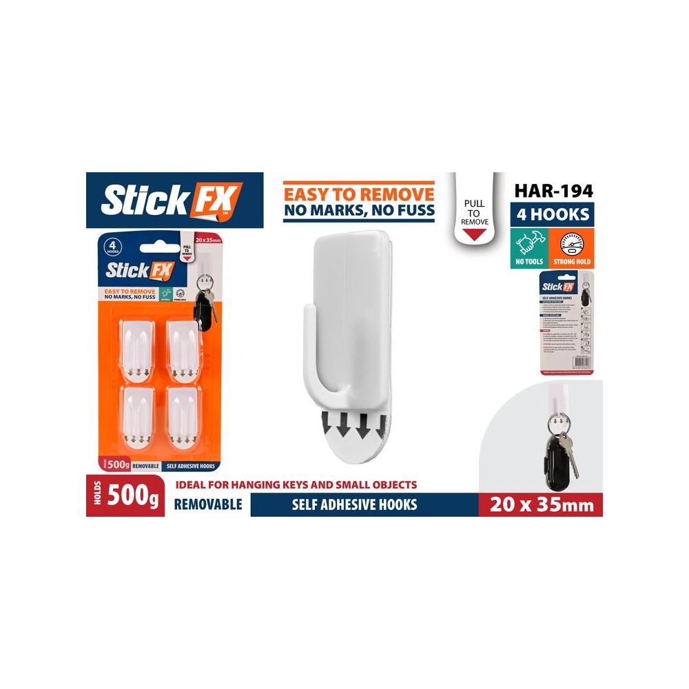 4 Pack Self-Adhesive Removable Hooks 20 x 35mm