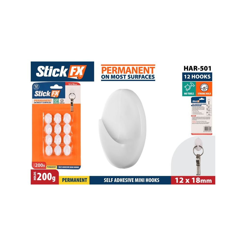 12 Pack Self-Adhesive Mini Hooks 18mm