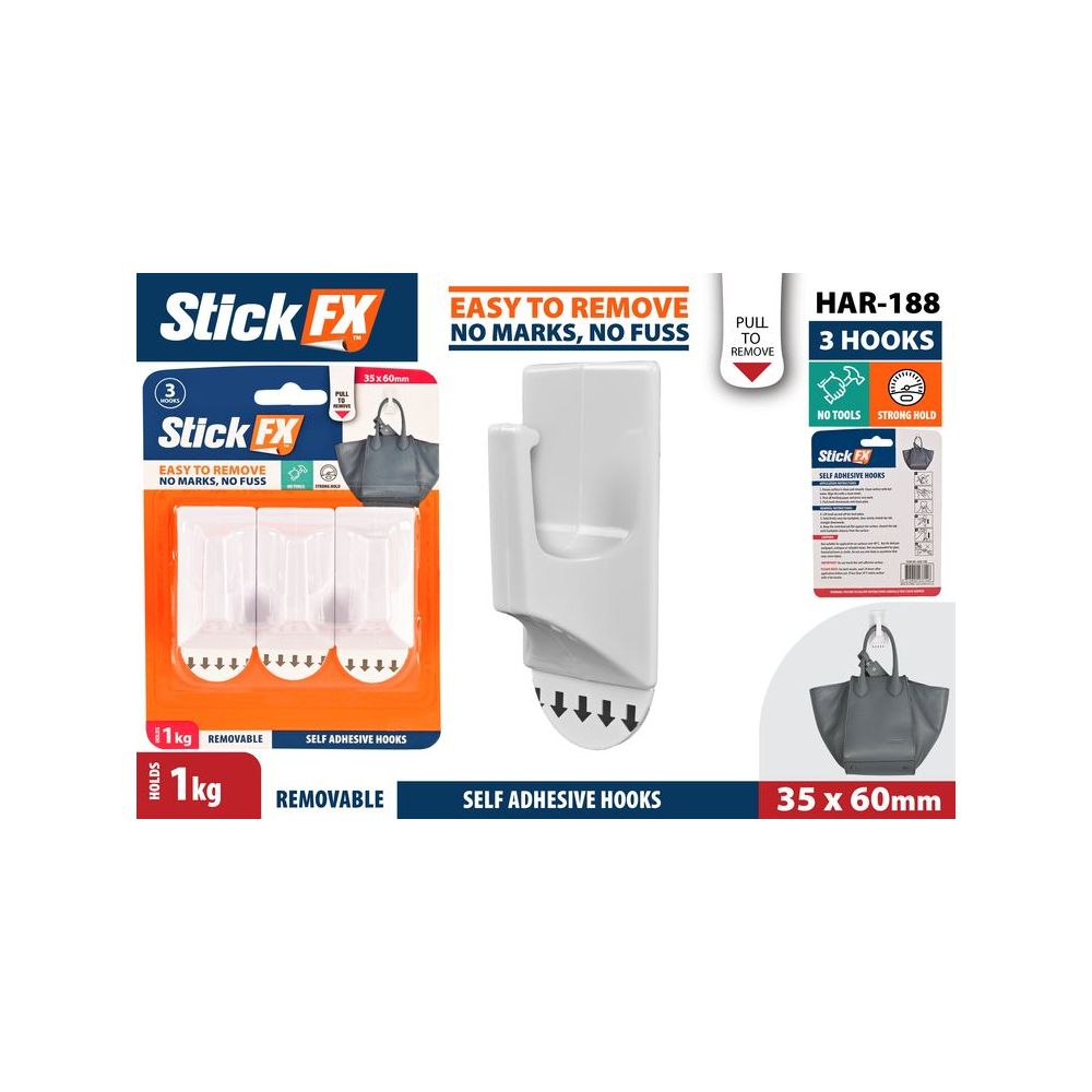 3 Pack Self-Adhesive Removable Hooks 35 x 60mm