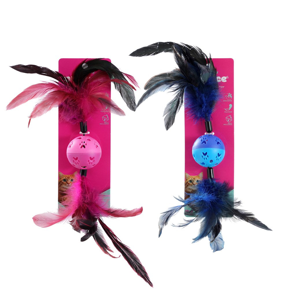 Twin Feather Ball Cat Toy 2 Pack Assorted Colours 37cm