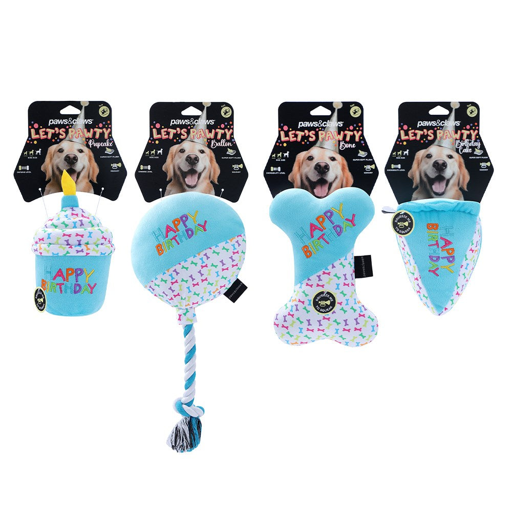 4 Pack Birthday Plush Dog Toy Assorted 20-35cm x 12cm x 8cm
