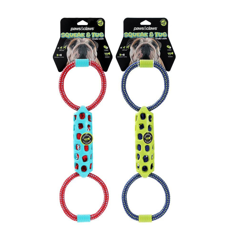 2 Assorted Squeak Double Tugger Dog Toy 39x12x5cm