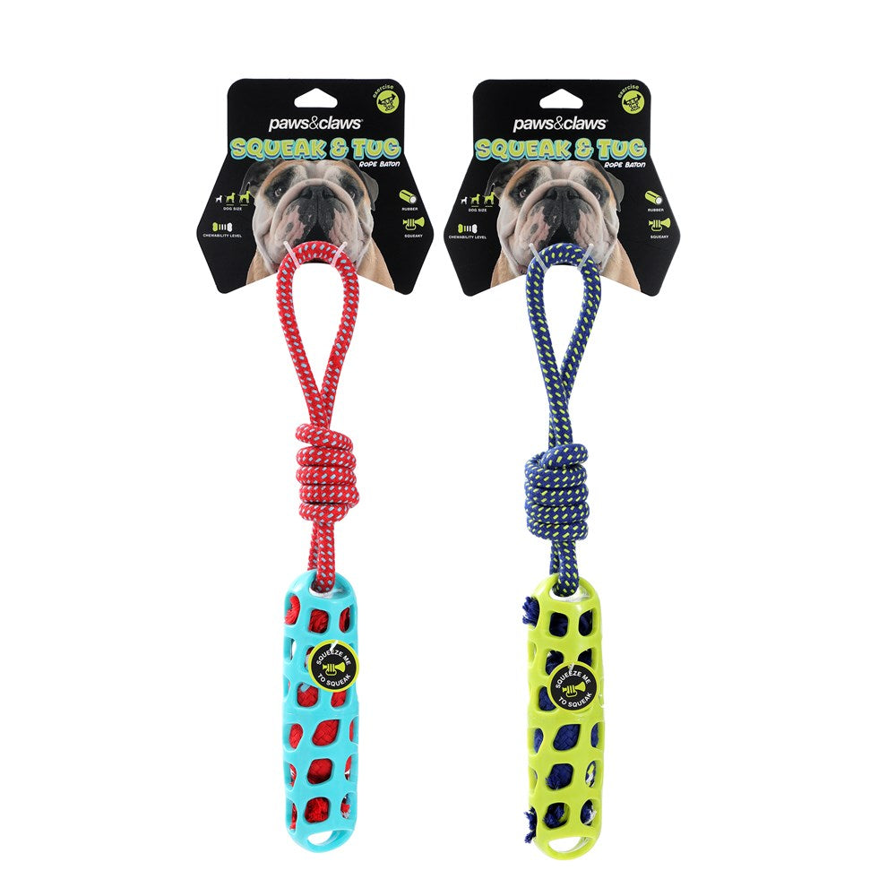 Squeak and Tug Baton Rope Dog Toy 38.5cm 2 Assorted