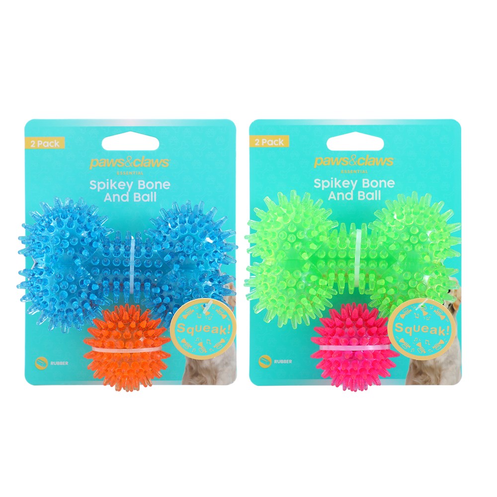 2 Pack Mini Spikey Bone and Ball Dog Toy 2 Assorted Colours