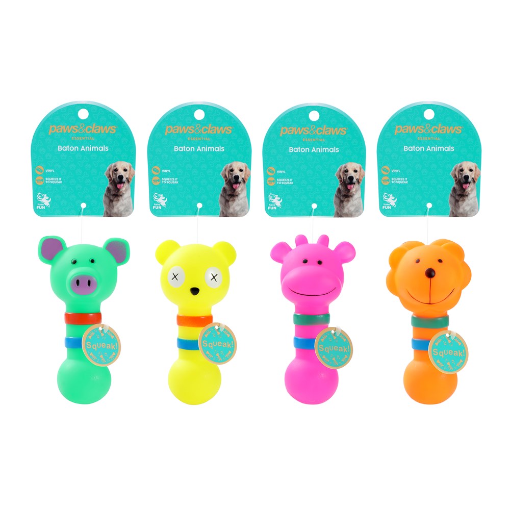 4 Assorted Vinyl Baton Animal Squeaker Dog Toy 13.5cm x 7cm
