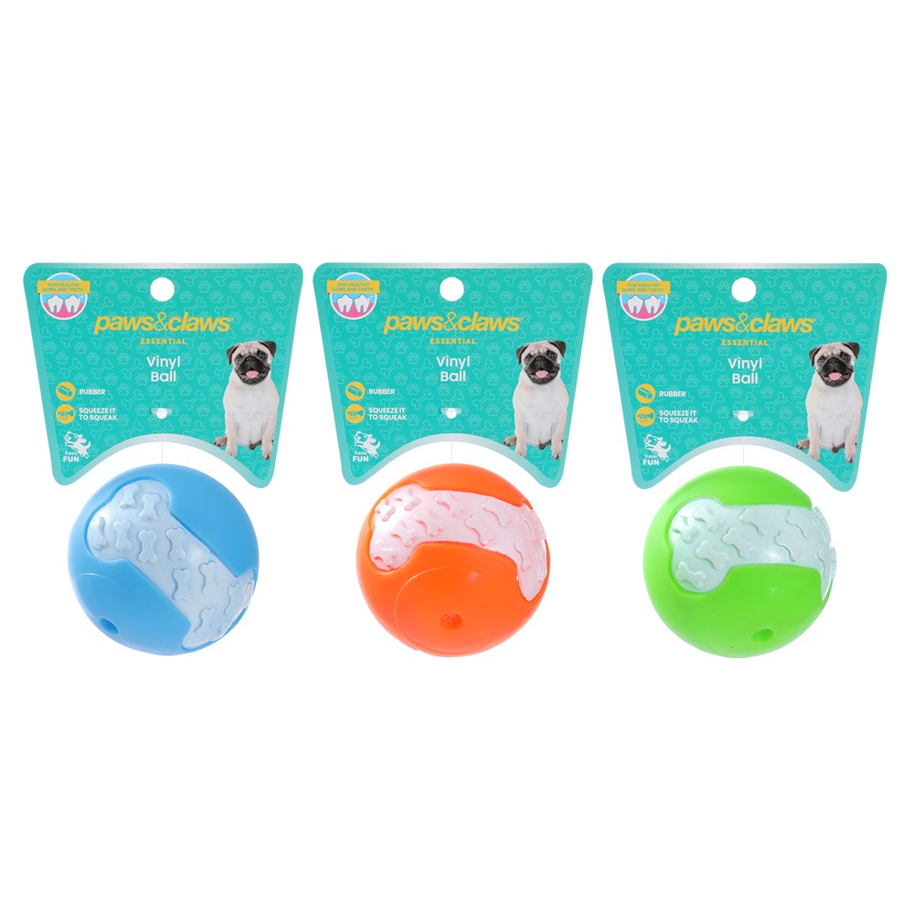 Bone Print Vinyl Squeaky Ball Dog Toy 8cm Assorted Colours