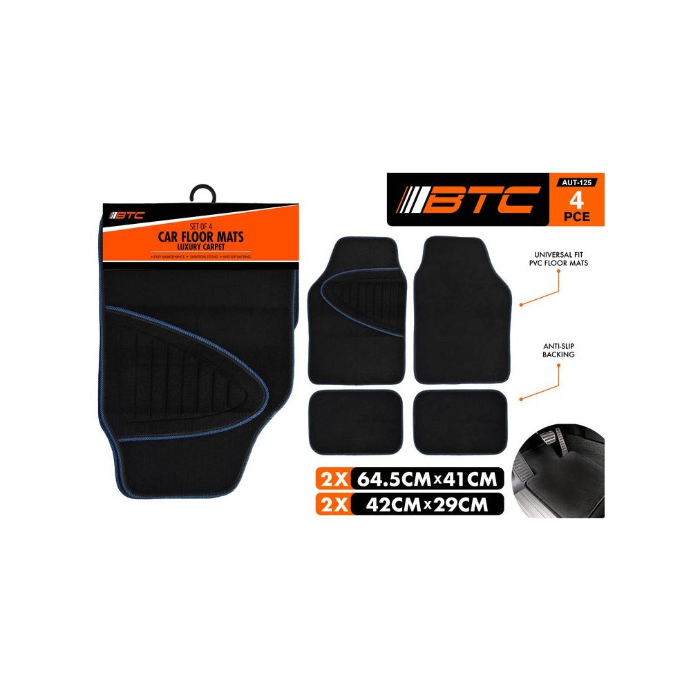 4 Pack Car Floor Mats with Anti-Slip Backing - Black