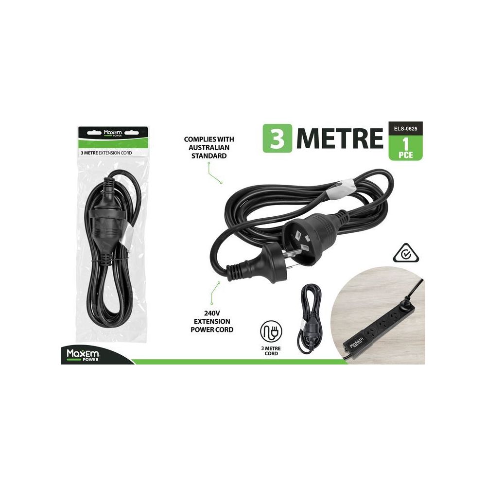 3m Extension Power Cord - Black