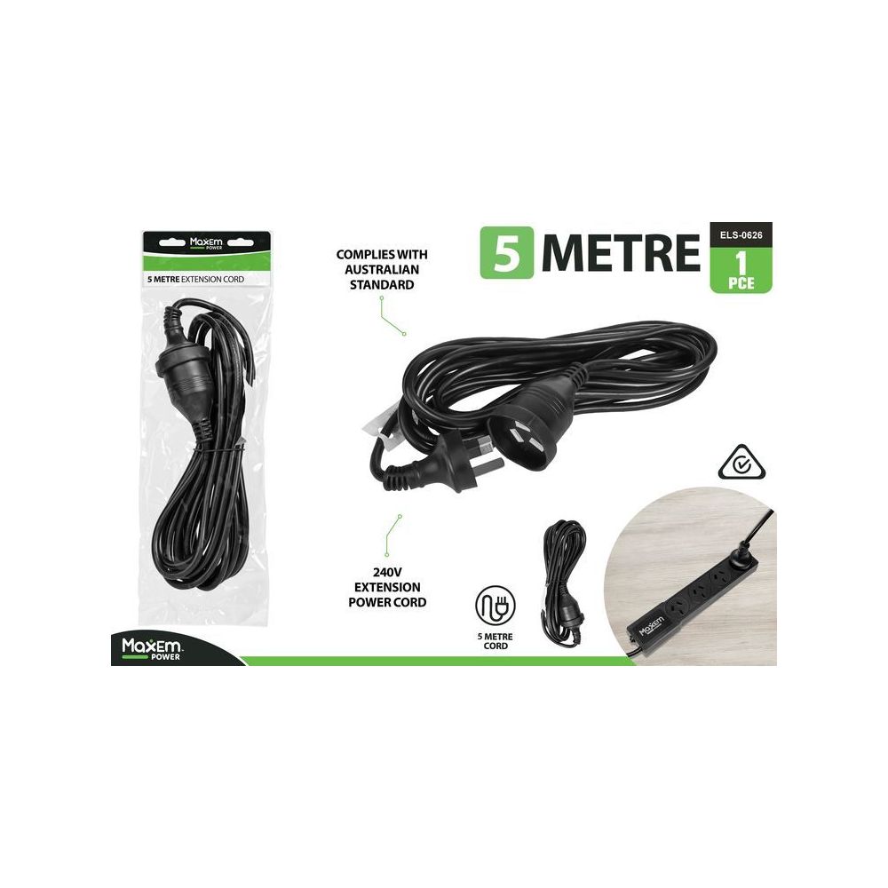 5m Extension Power Cord - Black