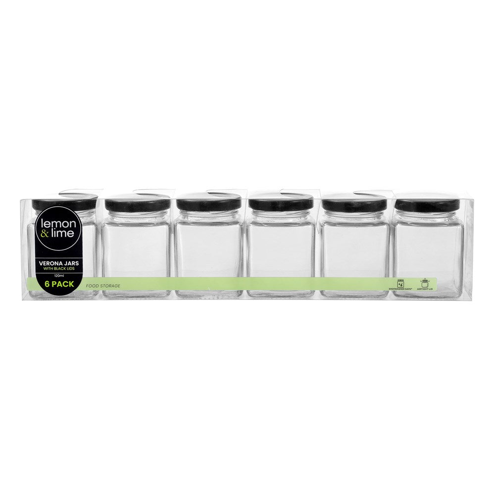 6 Pack Square Glass Jar 120ml Black Lid
