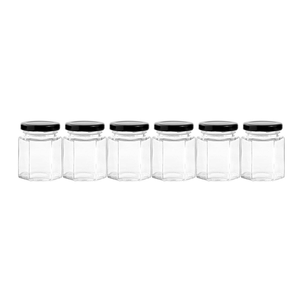 6 Pack Hex Glass Jar 95ml Black Lid