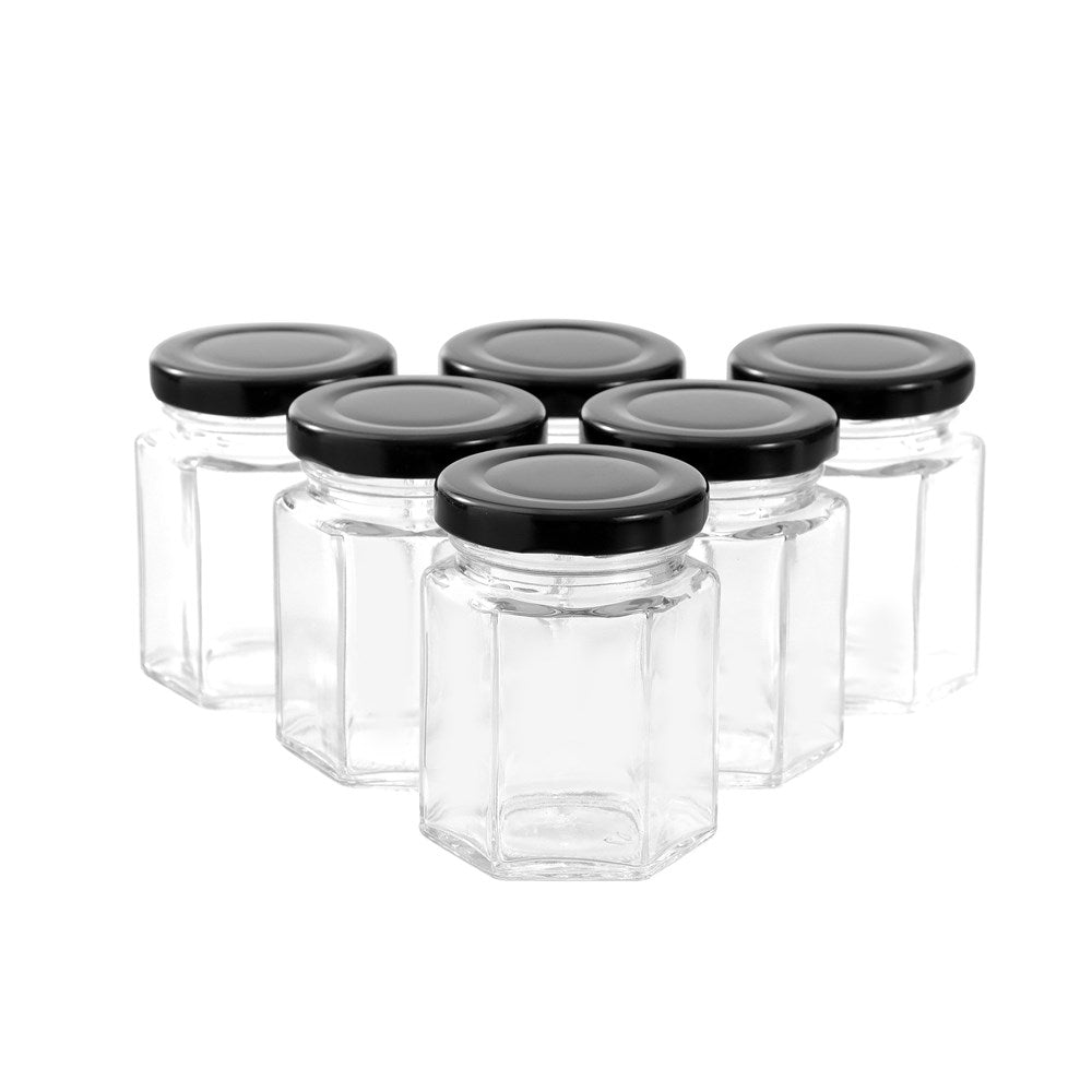 6 Pack Hex Glass Jar 95ml Black Lid