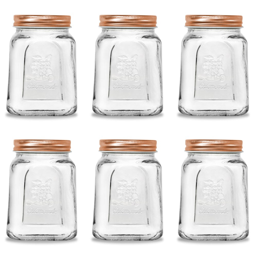 6 Pack Modena Square Glass Jar 475ml Rose Gold Lid