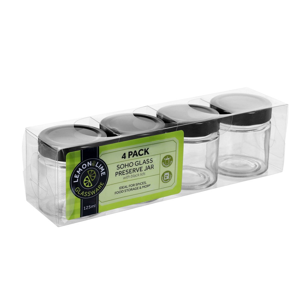 4 Pack Soho Glass Preserve Jar 125ml with Black Lid