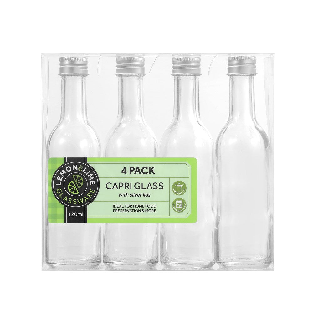 4 Pack Capri Mini Glass Bottle 120ml Silver Lid