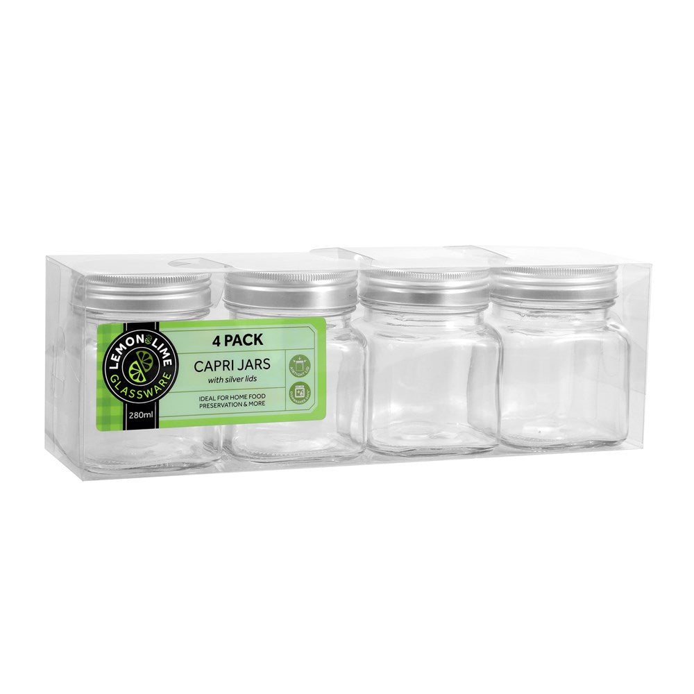 4 Pack Square Glass Jar 280mL Silver Lid