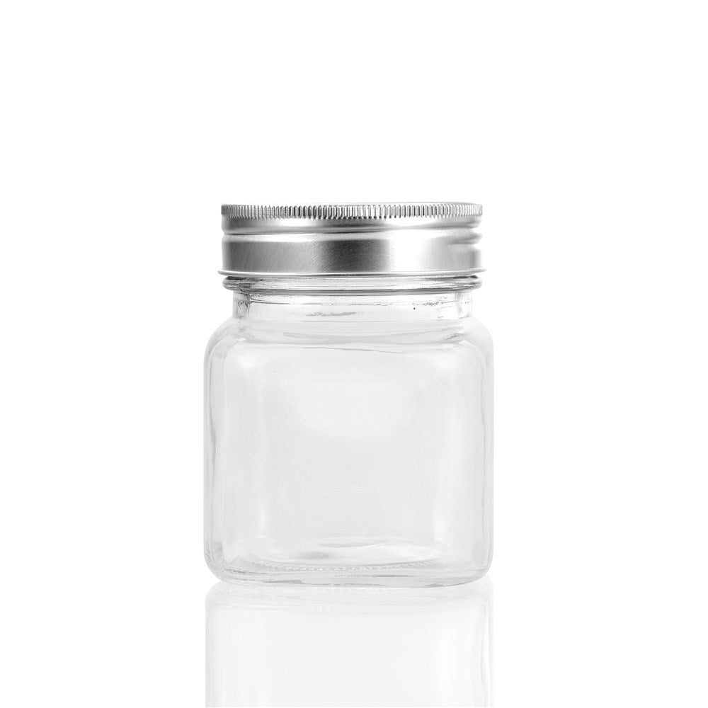 4 Pack Square Glass Jar 280mL Silver Lid
