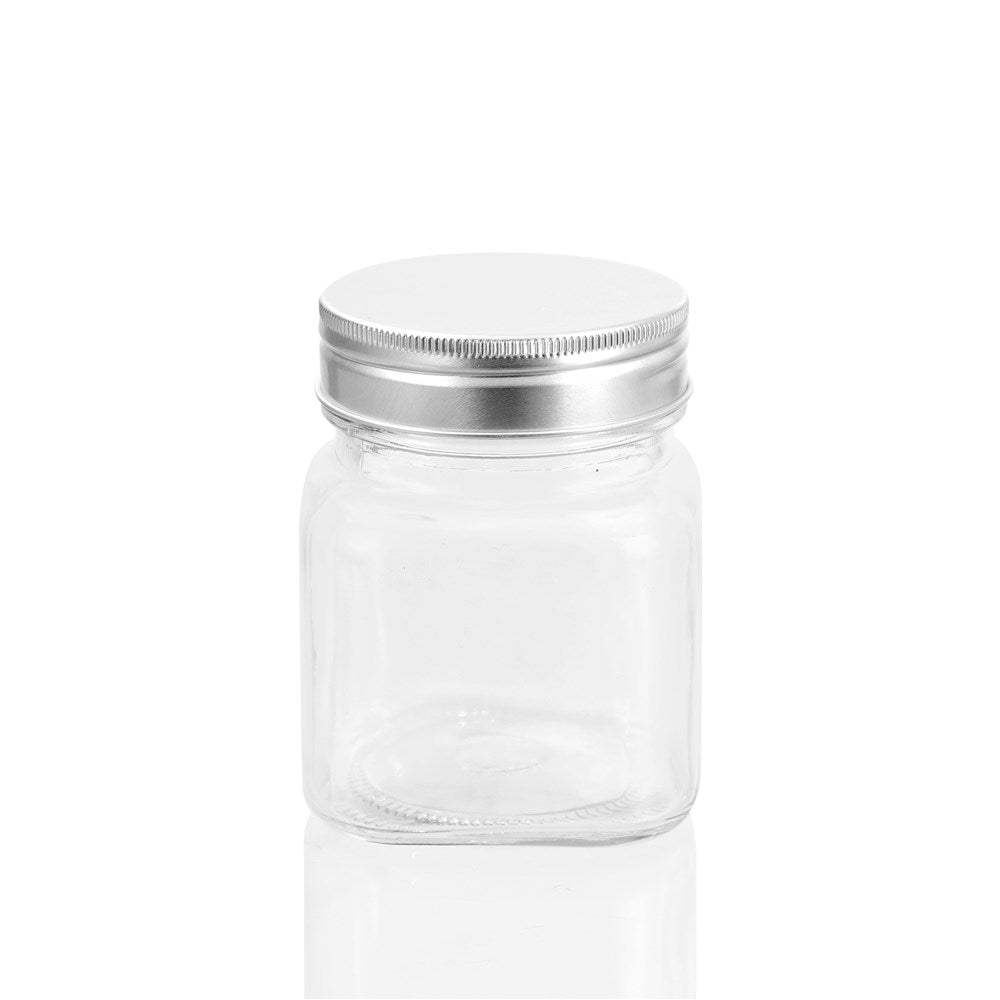 4 Pack Square Glass Jar 280mL Silver Lid