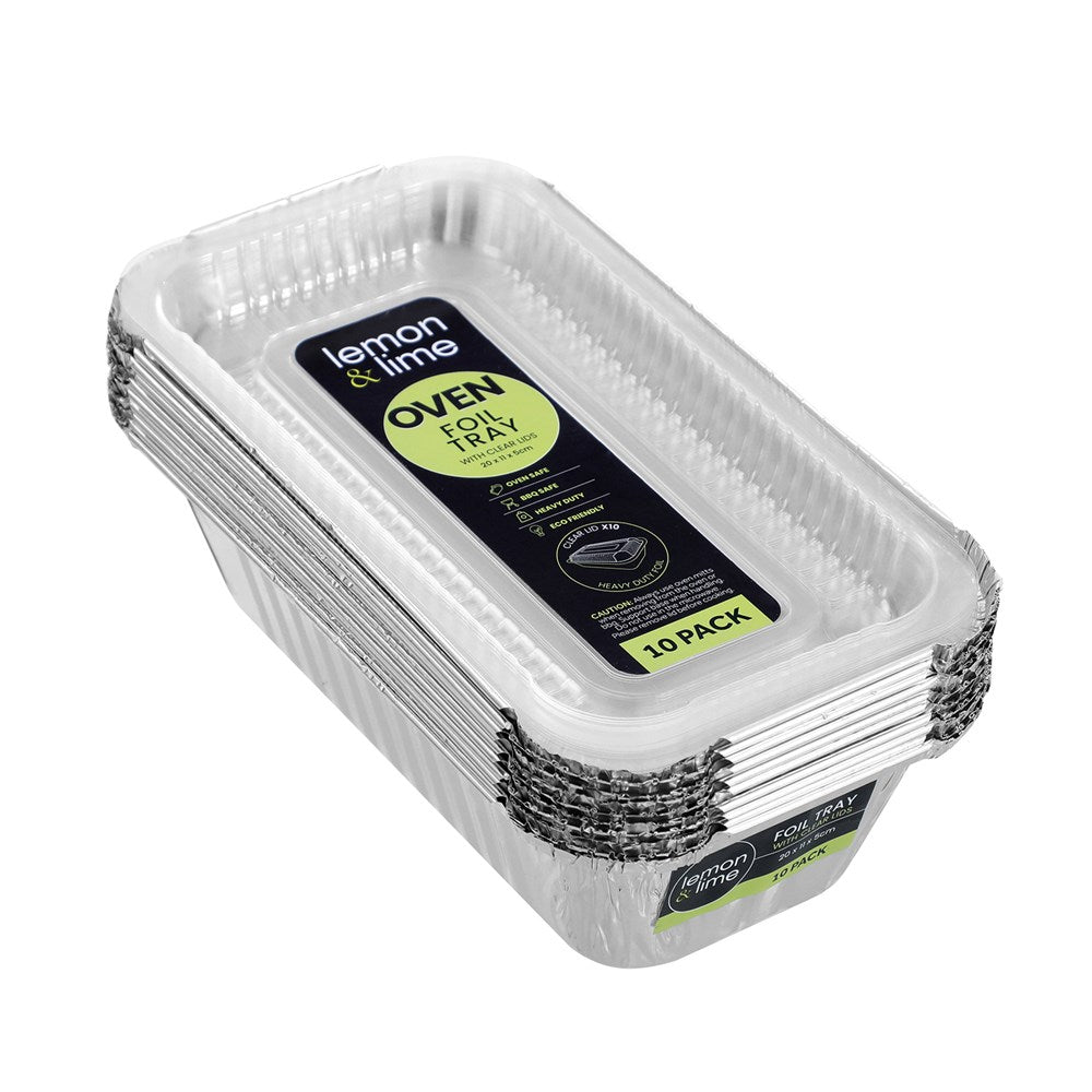 10 Pack Foil Tray With Plastic Lid 20cm x 11cm x 5cm