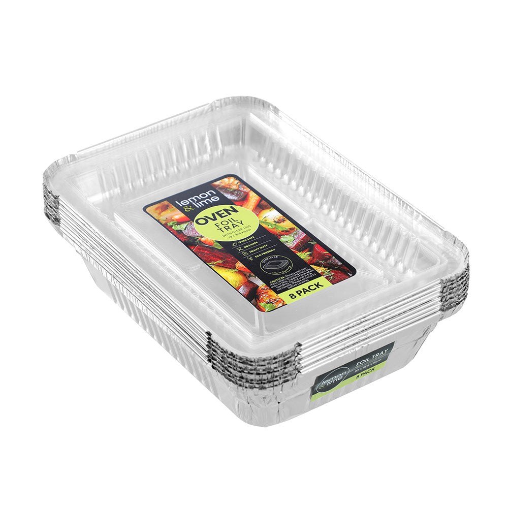 8 Pack Foil Tray with Plastic Lid 22cm x 15.5cm x 5cm