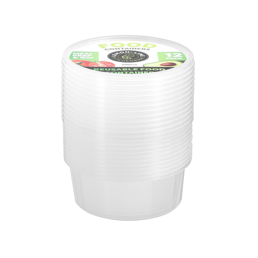 12 Pack Round Reusable Food Container 300ml