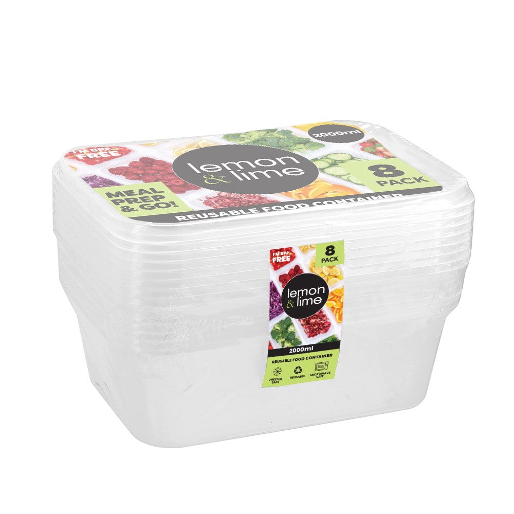 8 Pack Rectangle Reusable Food Container 2L