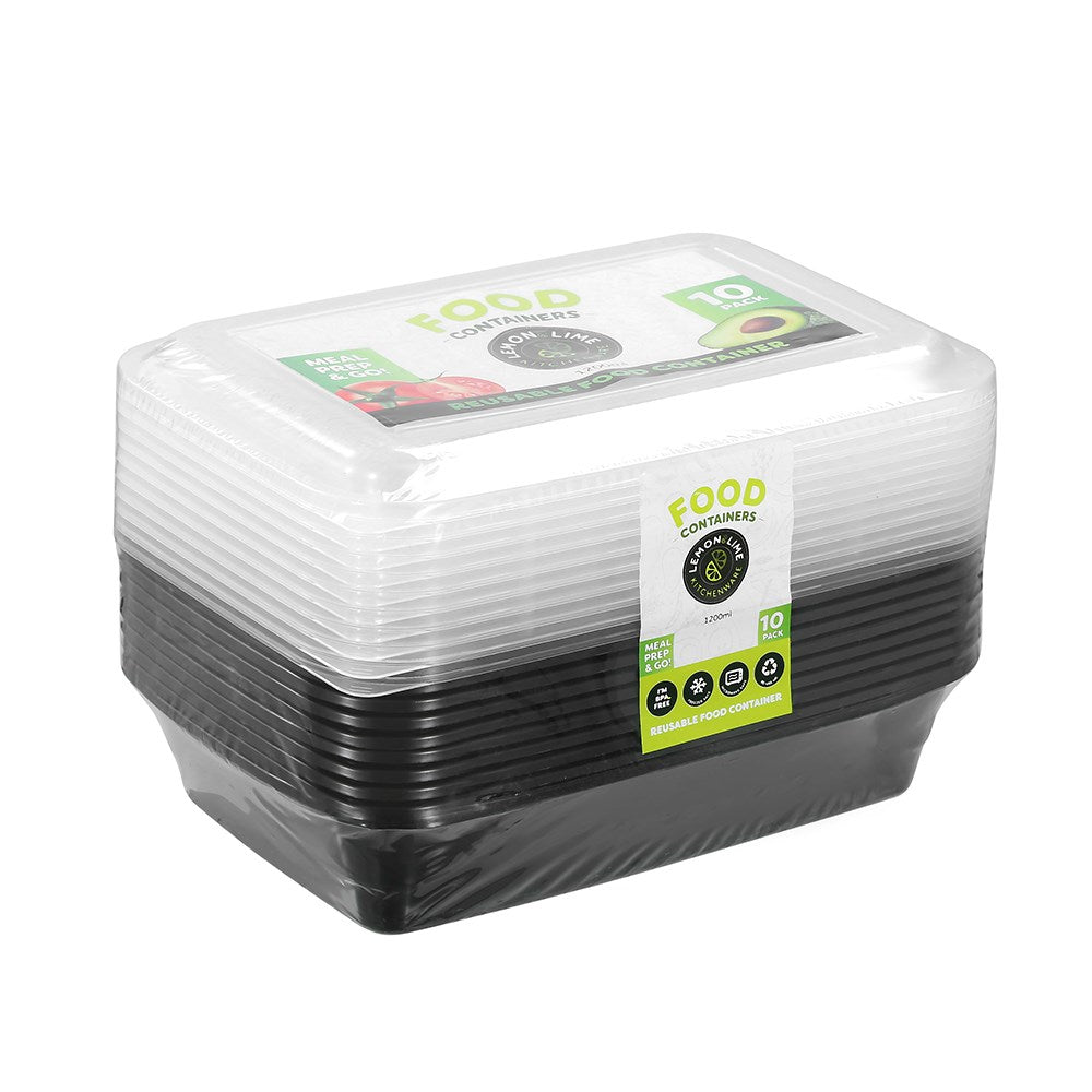 10 Pack Reusable Food Prep Container 1200ml - Assorted
