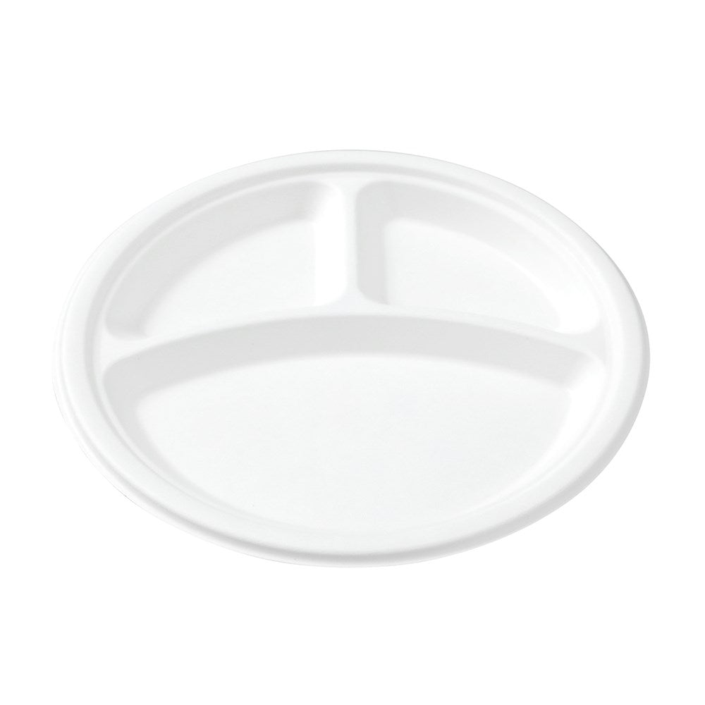 10 Pack Eco Sugarcane 3 Compartment Plate 26cm - White