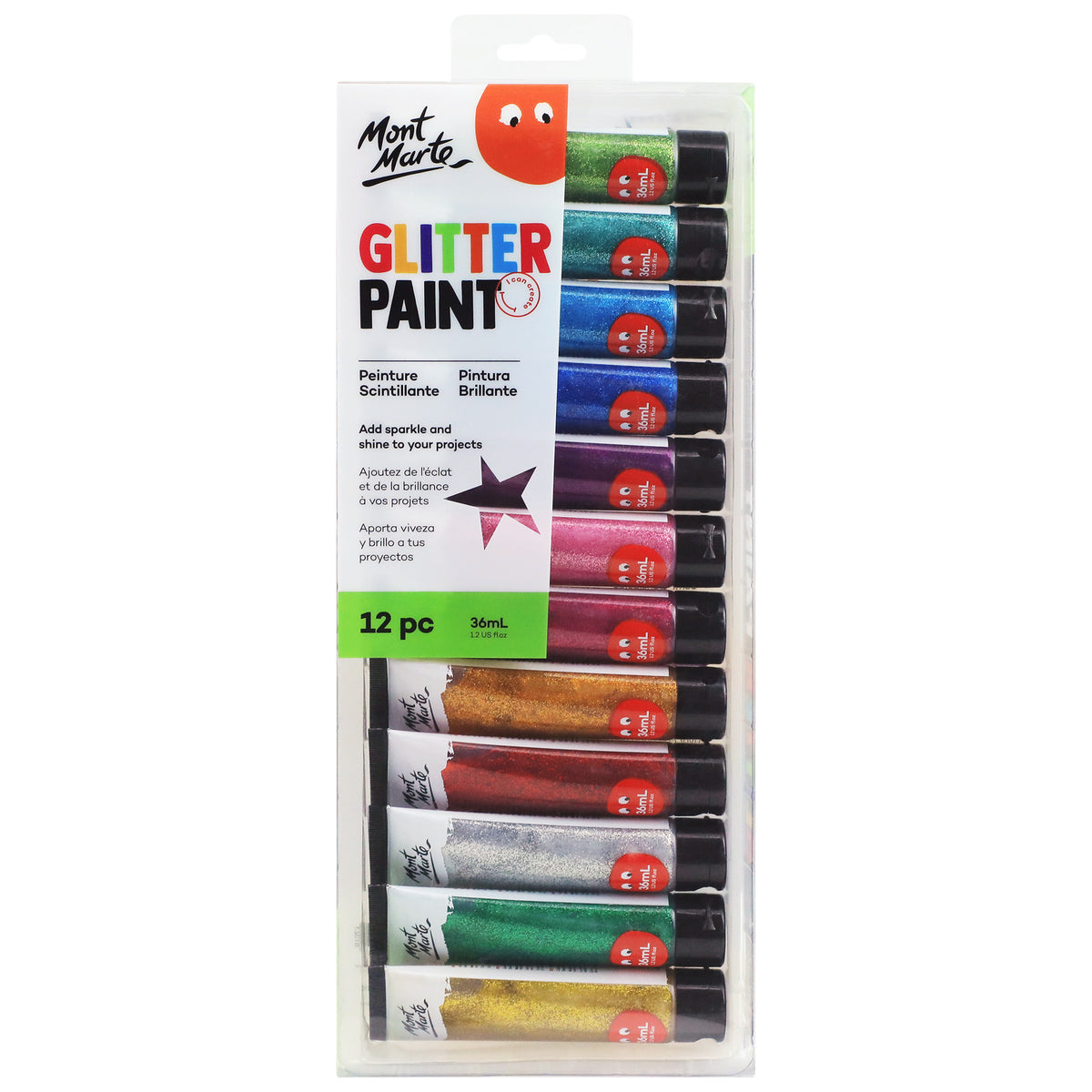 12 Pack Glitter Paint 36ml - Assorted - Mont Marte