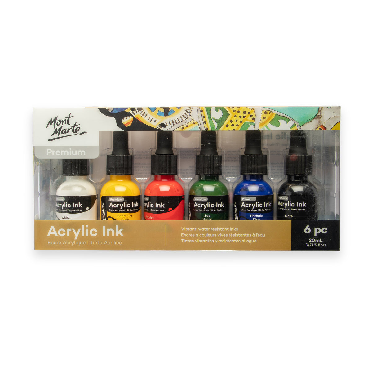 6 Pack Acrylic Ink 20ml - Assorted - Mont Marte