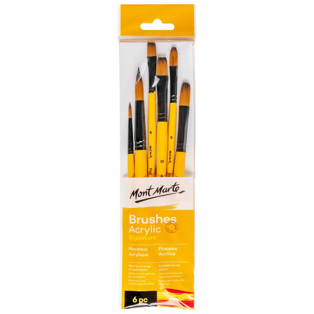 6 Piece Acrylic Paint Brush Set with Wooden Handles - Assorted - Mont Marte