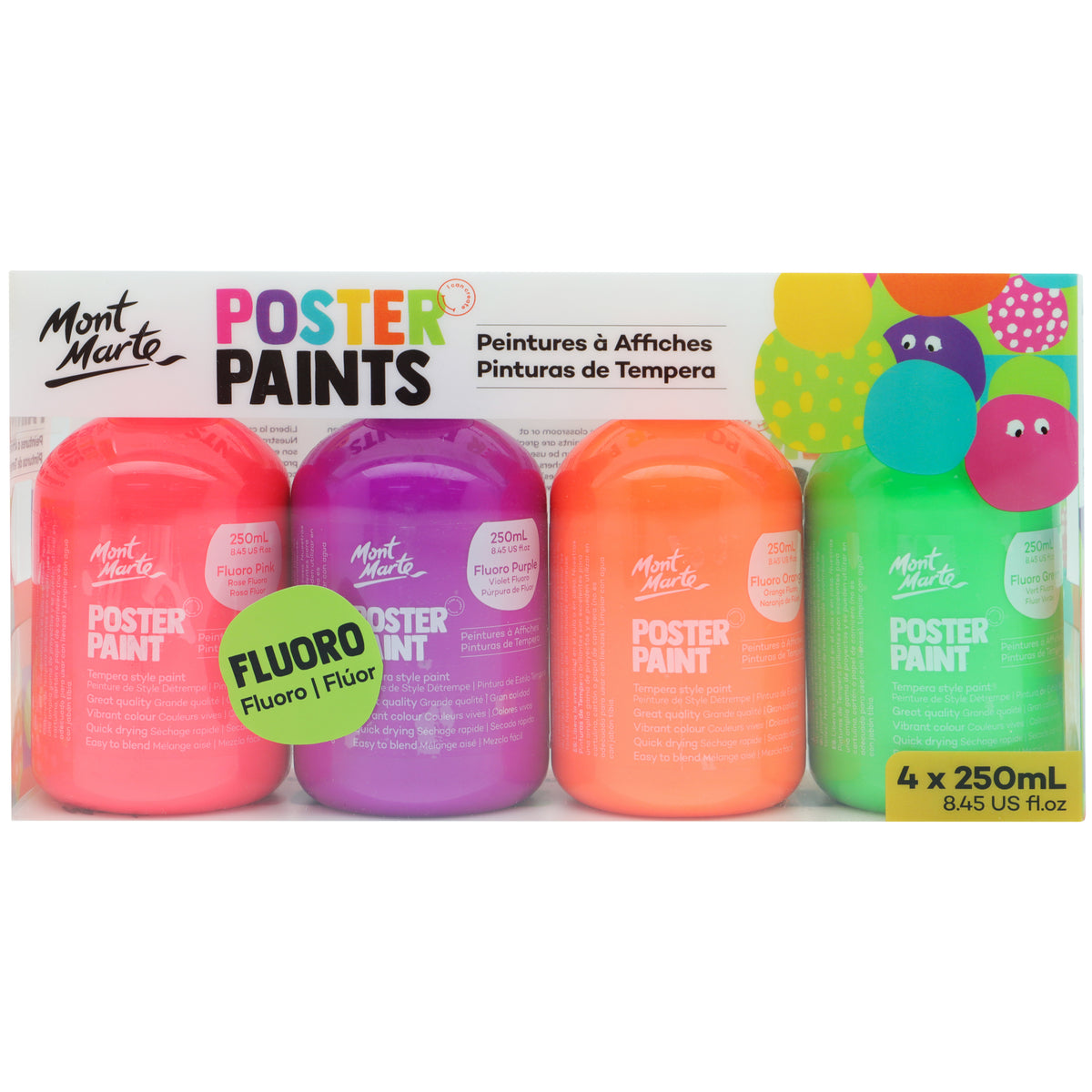 4 Pack Poster Paint 250ml - Fluoro - Mont Marte