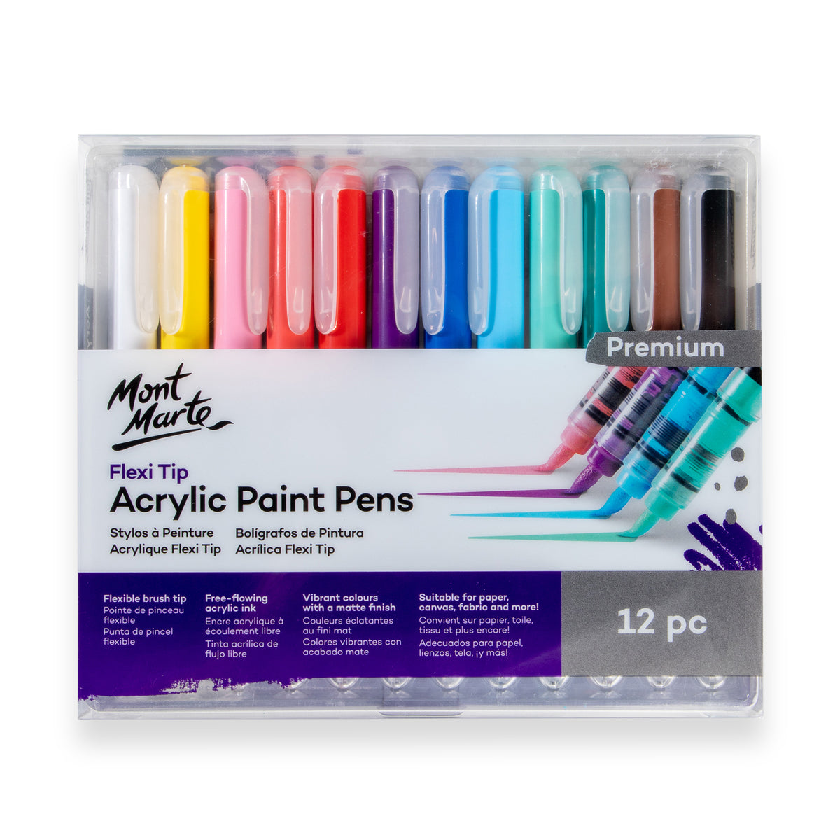 12 Pack Flexi Tip Acrylic Paint Pens - Assorted - Mont Marte