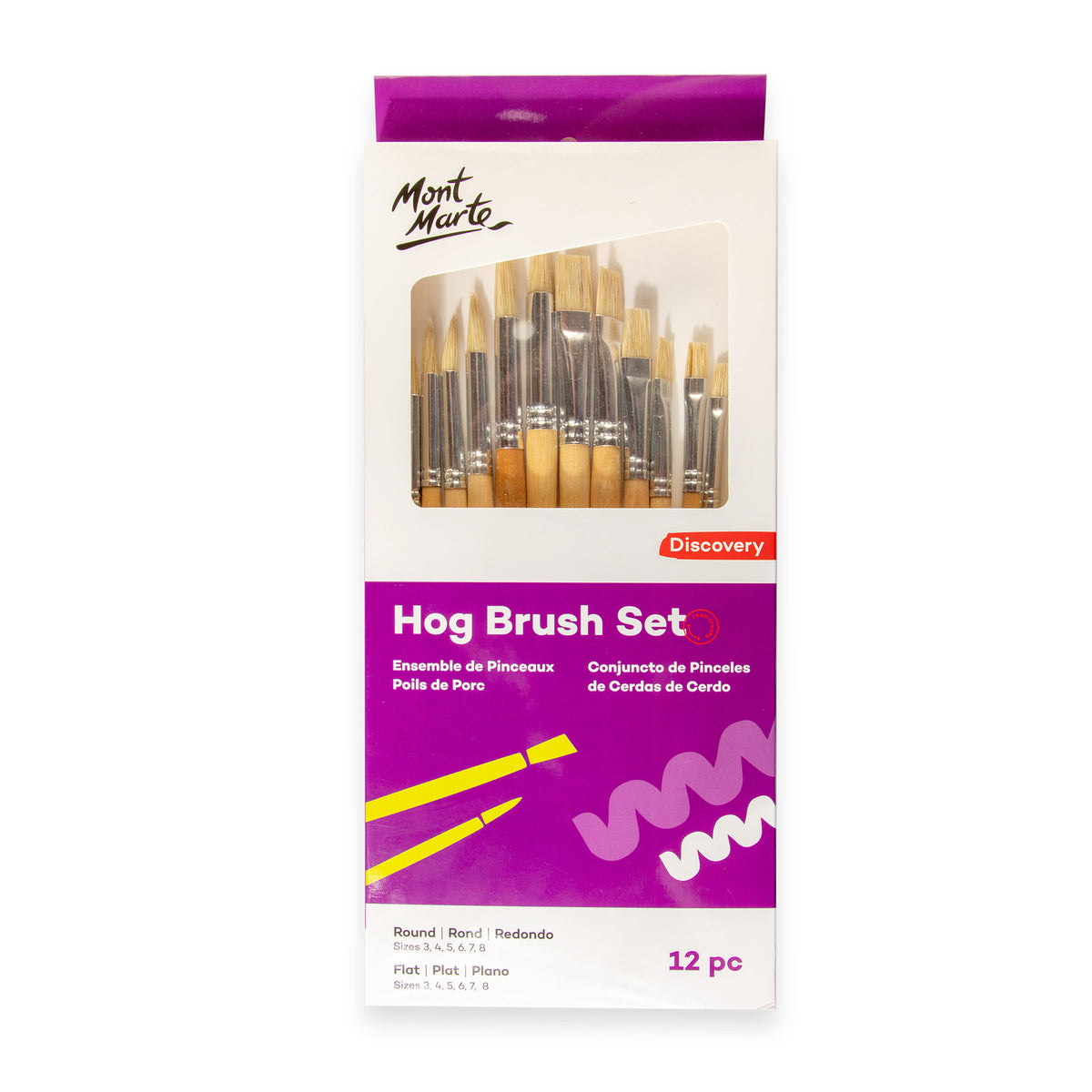 12 Piece Round and Flat Hog Hair Paint Brush Set - Mont Marte
